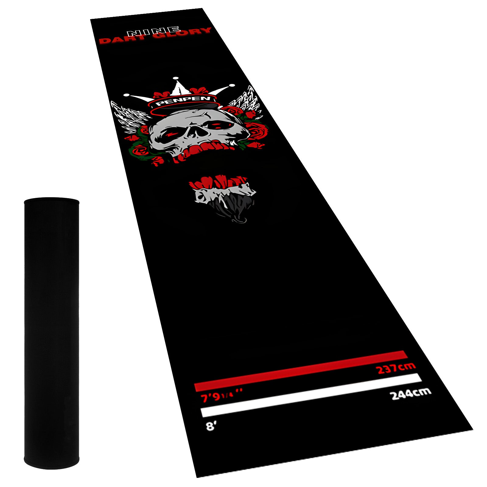 Skull Rose Throw Line Dart Mat - roll-up storage view