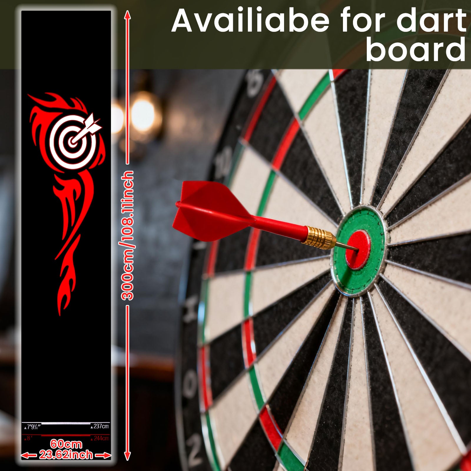 Red Target Flame Throw Line Dart Mat - dartboard size guide image