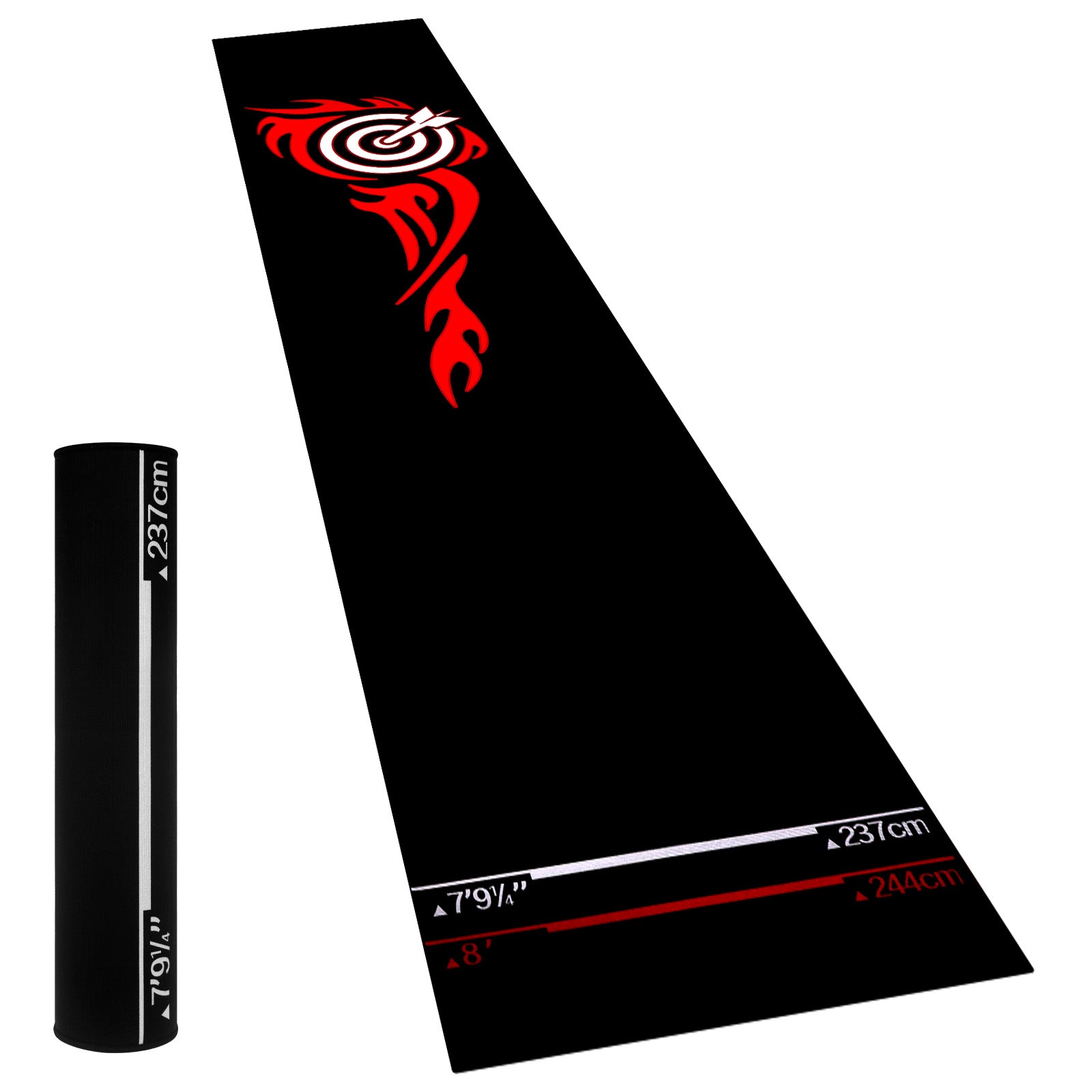 Red Target Flame Throw Line Dart Mat - roll-up storage view